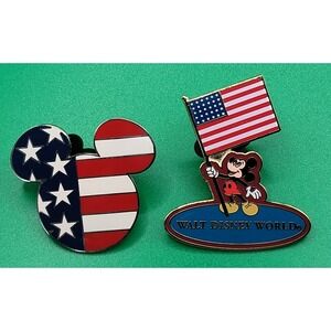 Disney Mickey Mouse Flag Head &‎ Mickey Holding American Flag 2002 Trading Pins
